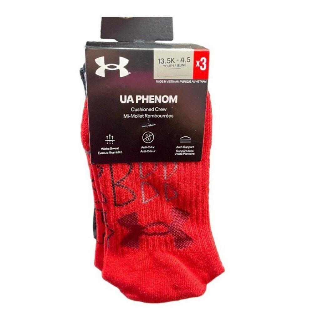 Under Armour phenom cushioned crew youth socks size 13.5 k - 4.5 New 3 Pk